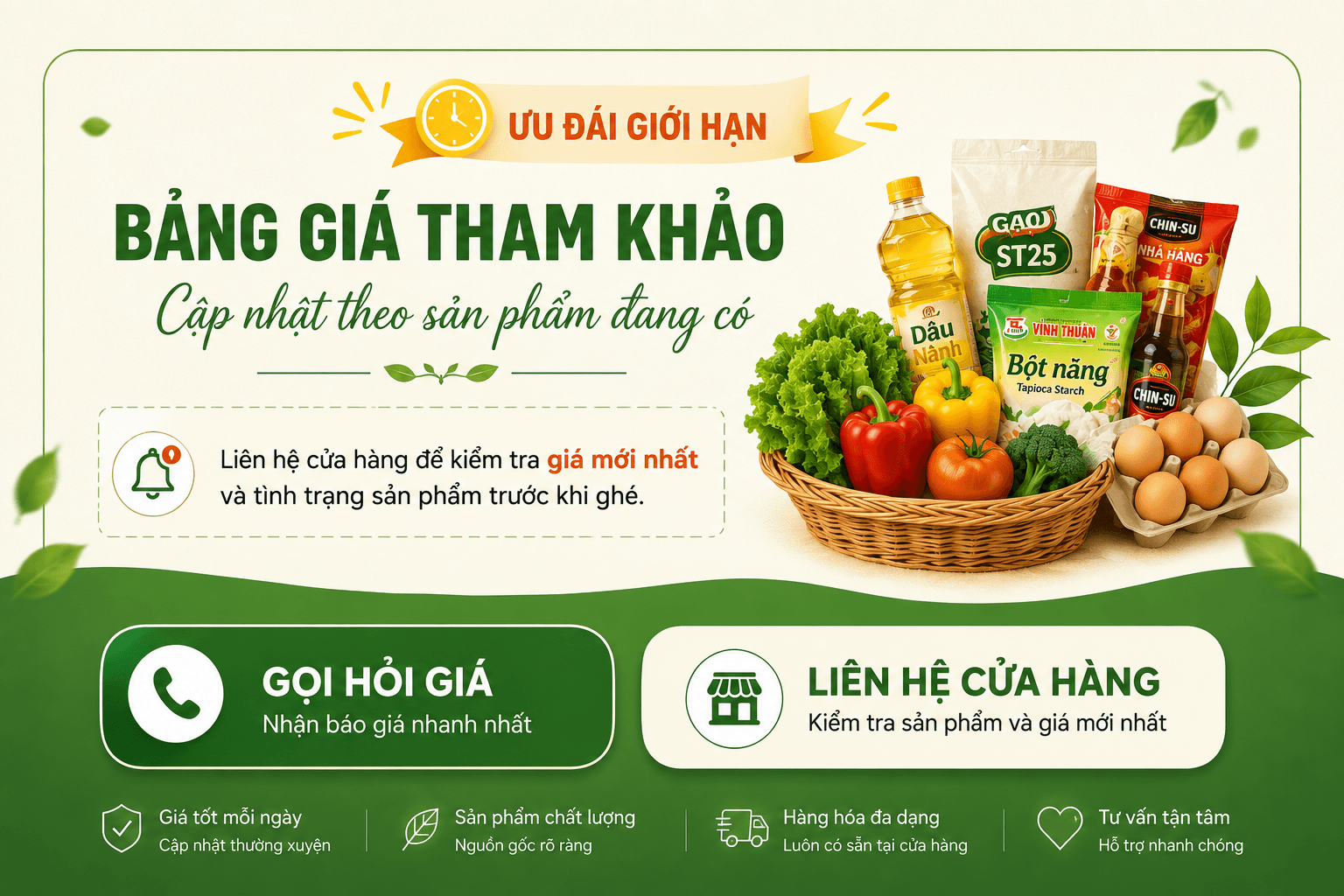 Bảng giá tham khảo gồm rau củ trái cây và thực phẩm khô