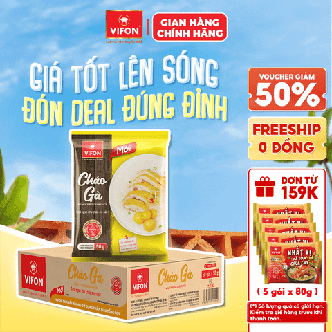 Thùng Cháo gà VIFON 50g là cháo ăn liền tiện lợi với hương vị thơm ngon, dễ ăn, phù hợp cho bữa ăn nhanh hằng ngày. chính hãng VIFON
