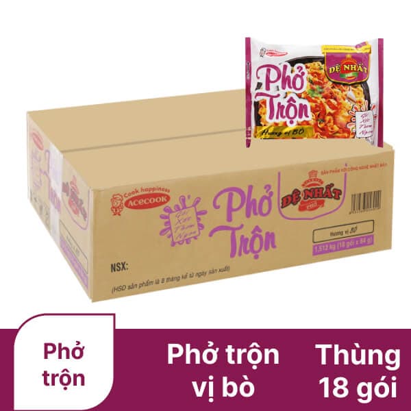 Thùng 18 gói phở trộn Đệ Nhất vị bò 84g chính hãng Acecook