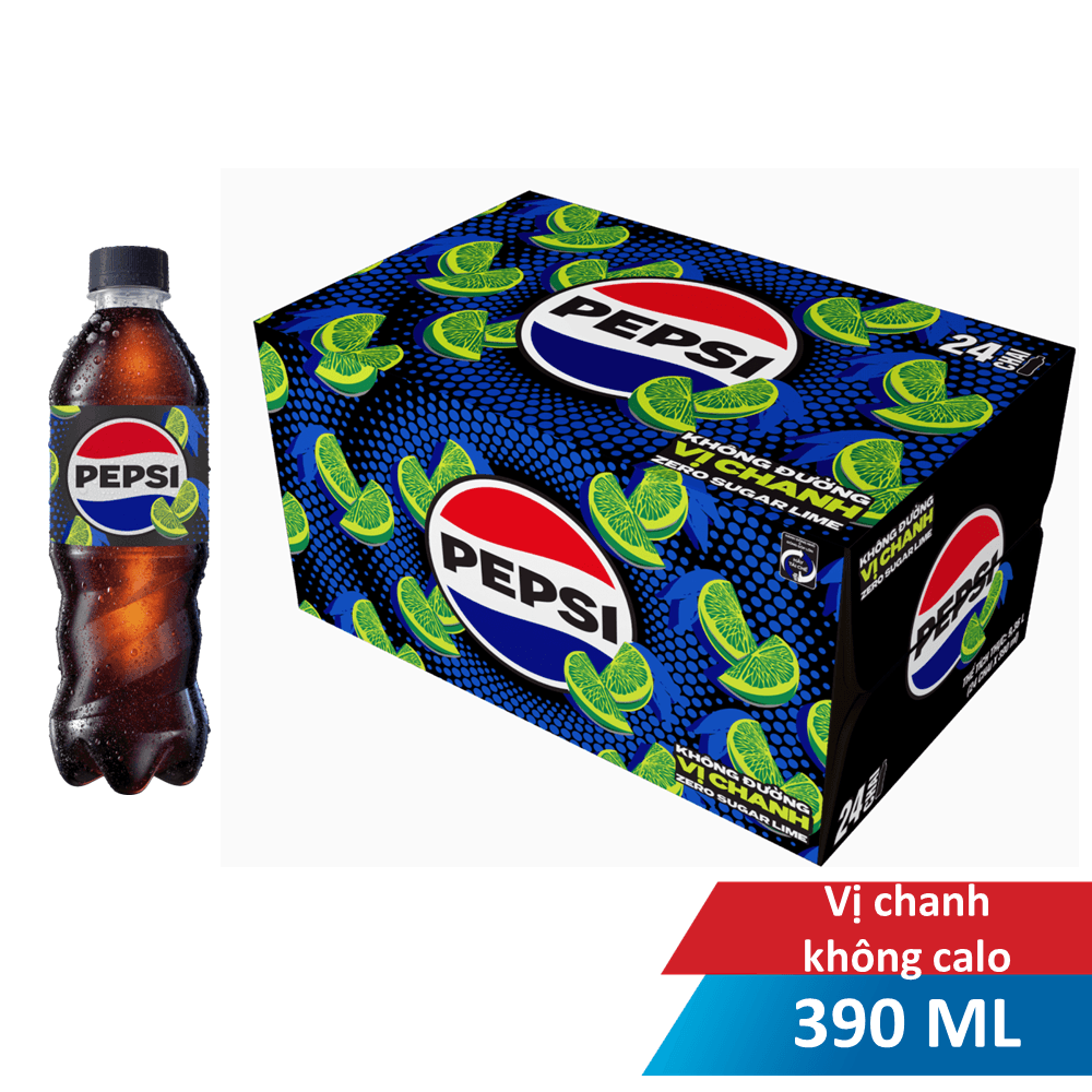 Thùng 24 chai Pepsi nước giải khát c.ga v.chanh k.calo chai390ml chính hãng Pepsi
