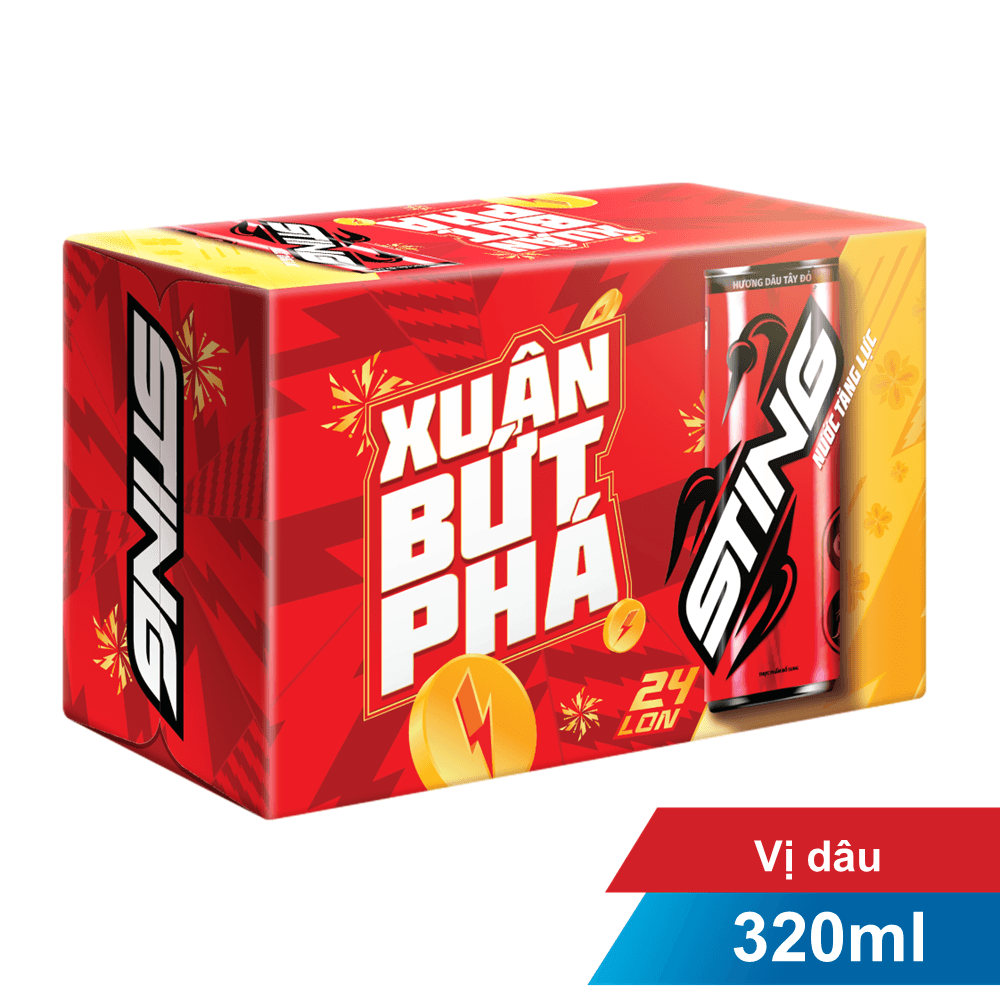 Thùng 24 lon nước tăng lực Sting hương dâu 330ml/320ml chính hãng Sting